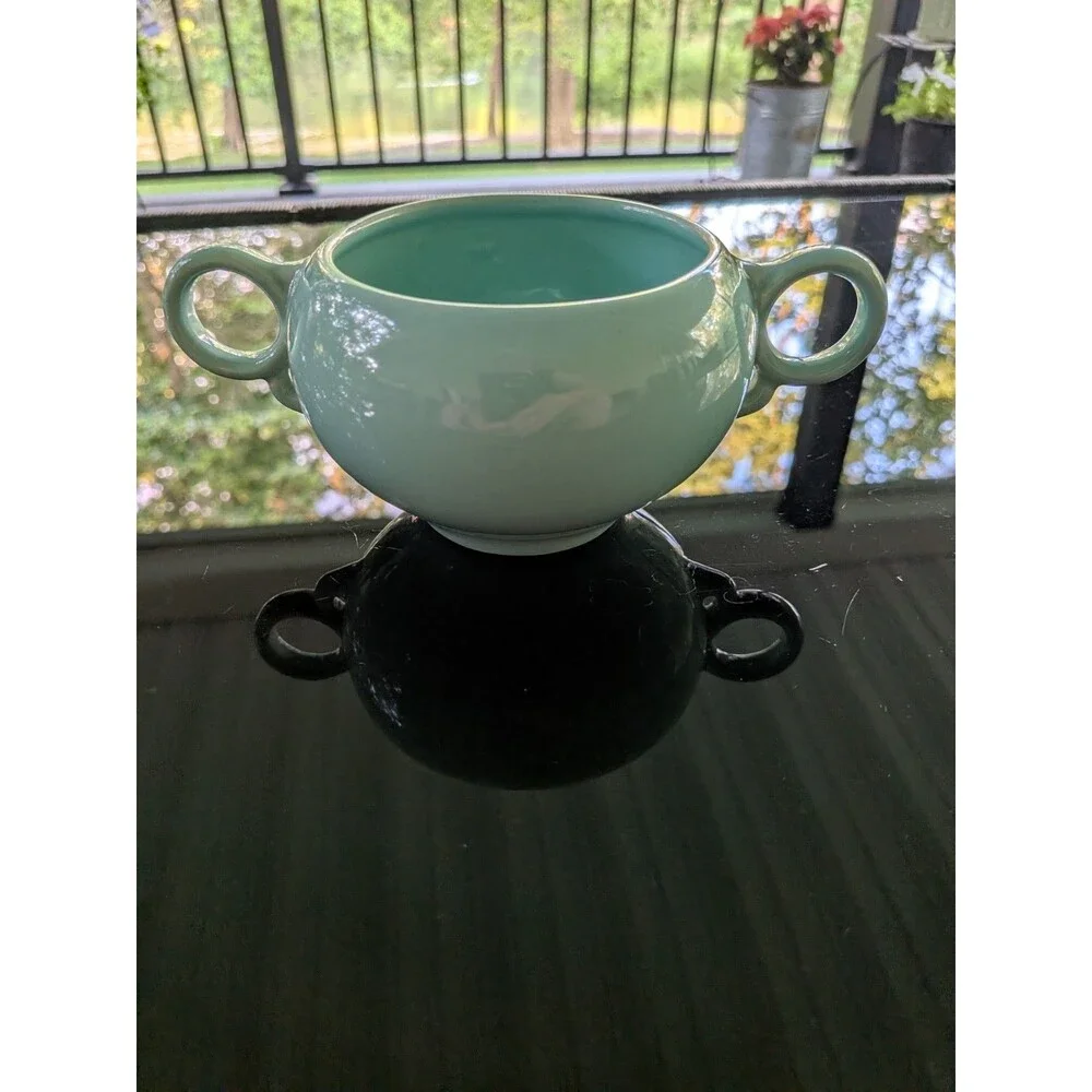 Mid Century Modern Vintage Mist Green Aqua Pottery Sugar Bowl Detailed Handles